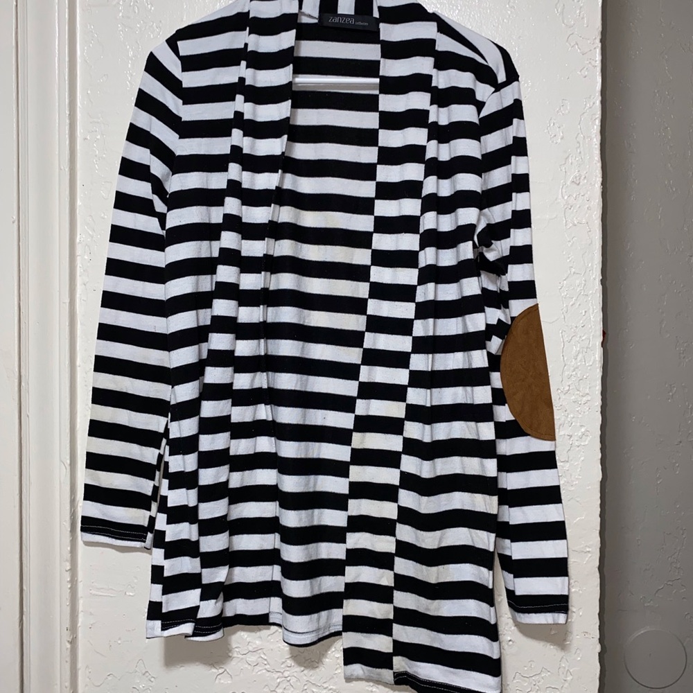 Black and White Striped Cardigan with Tan Elbow Patch